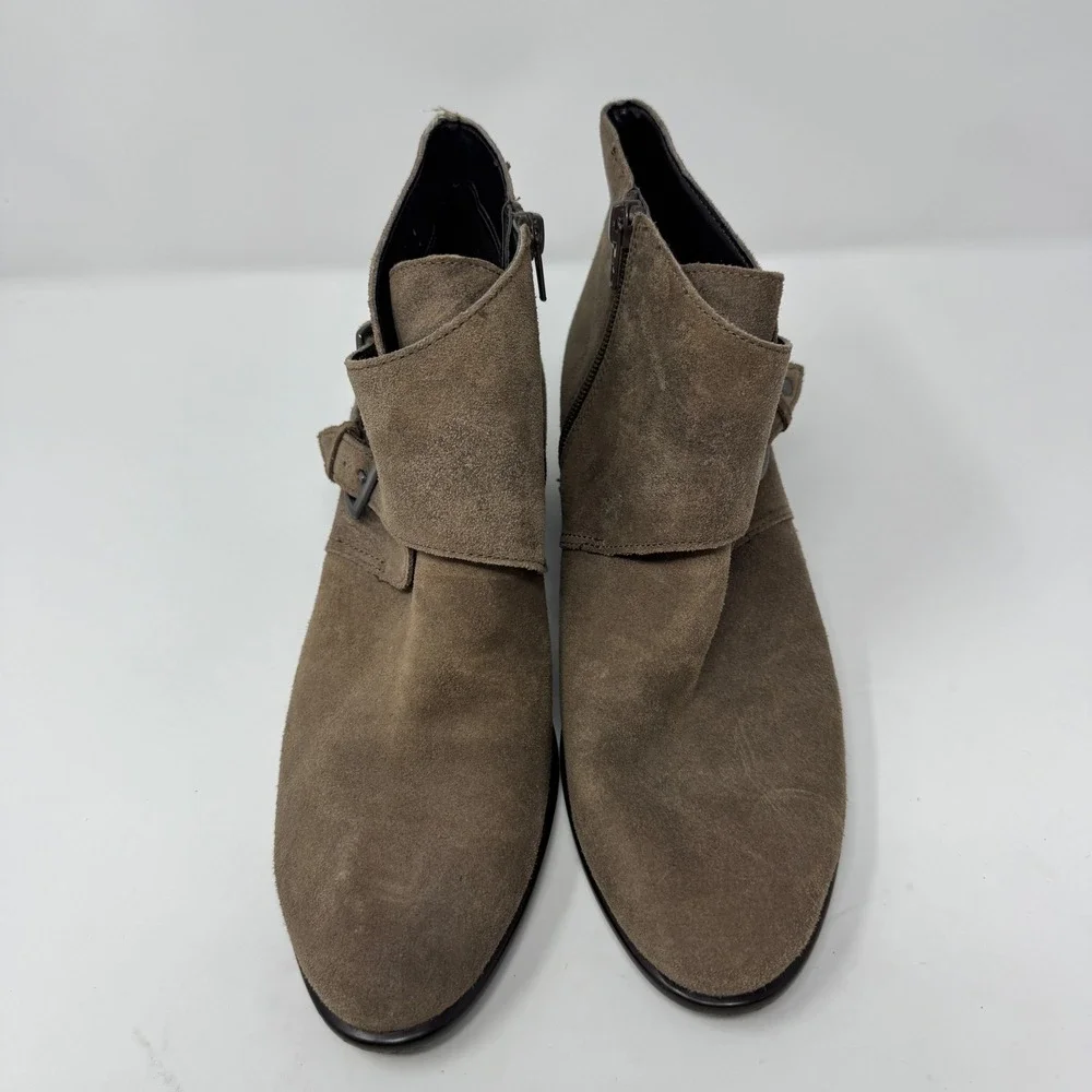 Aerosoles Women Taupe Suede Buckle‎ Ankle Boots Block Heel Side Zip Size 8.5